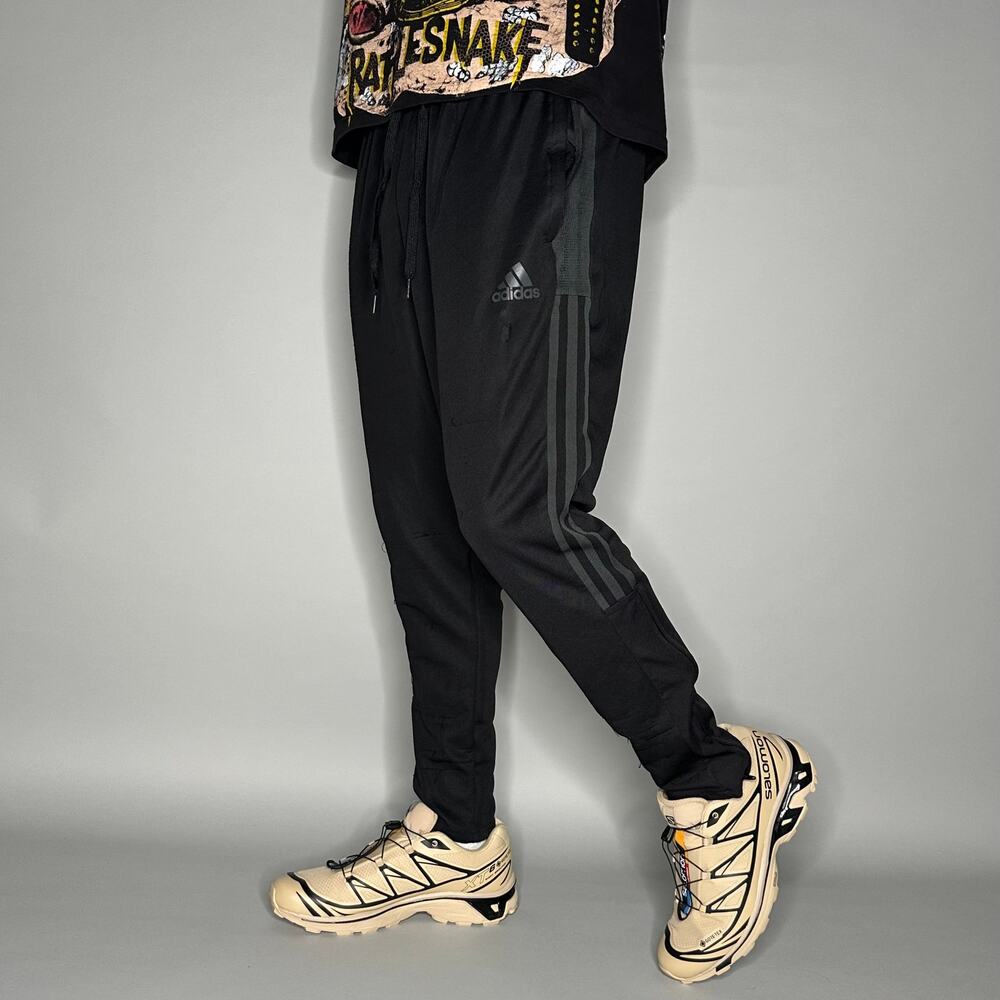 Adidas Sweatpants Black Polyester Joggers Grey 3 Stripes Ankle Zippers to Flare - Picture 1 of 5